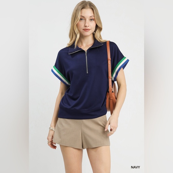 Umgee Tops - Umgee Zip Front Casual Top with Contrast Stripe Trim
